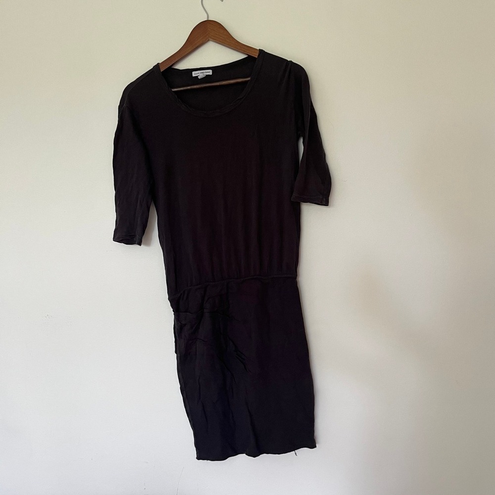 Standard James Perse Black Jersey Scoop Neck 3/4 Sleeve Draped Mini Dress Size 0